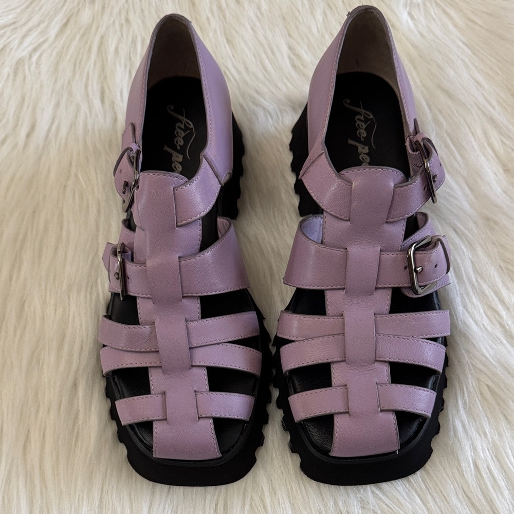 Free People Janis Fisherman Lilac Lavender Chunky Black Heel Sandals Size 8 - Picture 2 of 16
